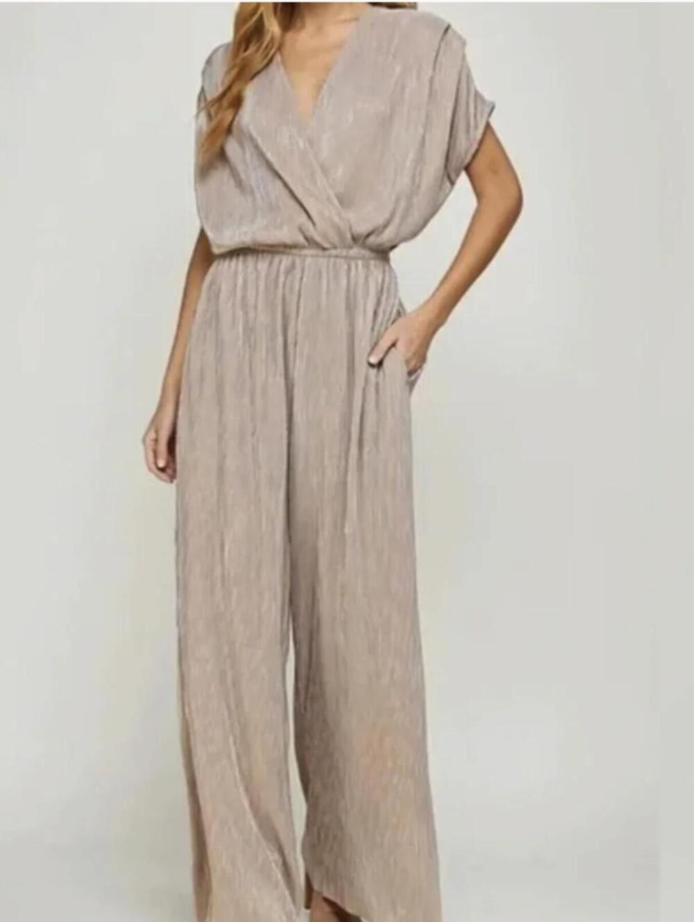 Porridge by Anthropologie Champaign Pleated Metallic Jumpsuit - Size - Medium